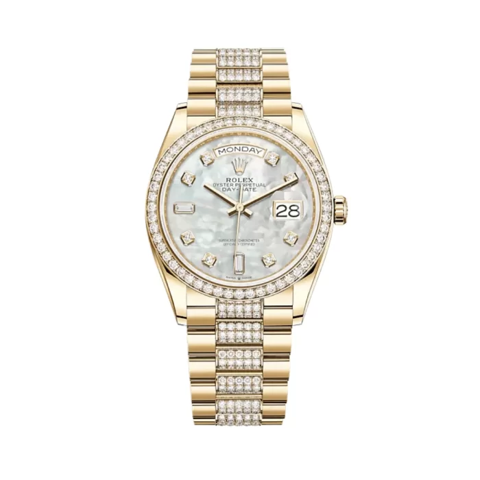 Rolex Day-Date 128348RBR Yellow Gold Diamond Bezel Mother of Pearl Diamond Dial - 图片 1