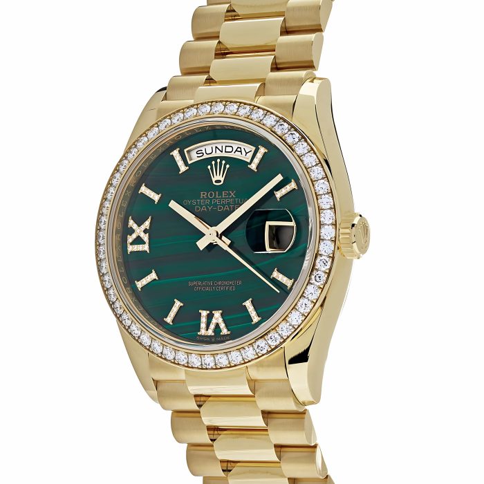 Rolex Day-Date 128348RBR Yellow Gold Green Malachite Dial Diamond Bezel - Image 2