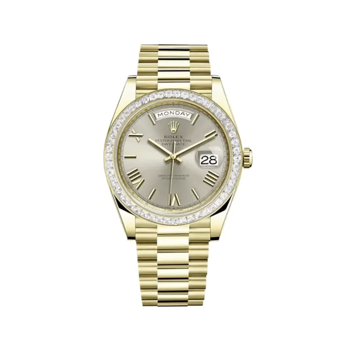 Rolex Day-Date 228398TBR Yellow Gold Diamond Bezel Silver Dial - Image 2