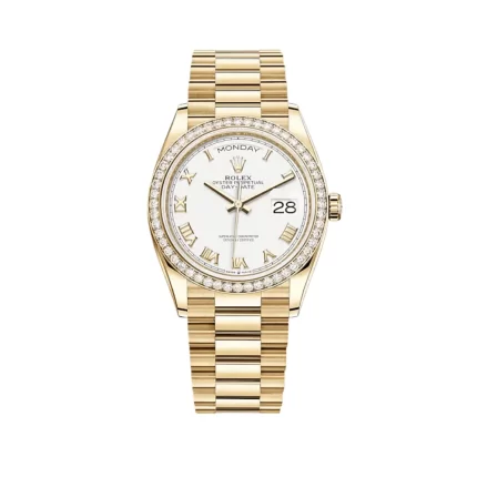 Rolex Day-Date 128348RBR Yellow Gold Diamond Bezel White Dial
