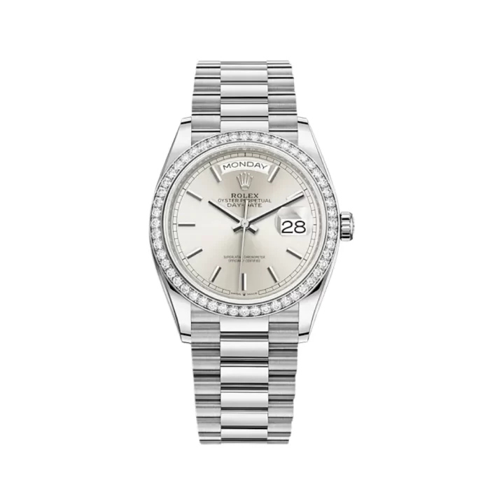 Rolex Day-Date 128349RBR White Gold Diamond Bezel Silver Dial - 图片 2