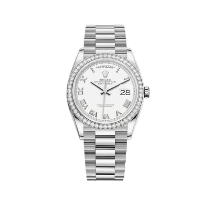 Rolex Day-Date 128349RBR White Gold Diamond Bezel White Dial
