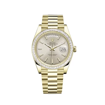 Rolex Day-Date 228398TBR Yellow Gold Diamond Bezel Silver Dial