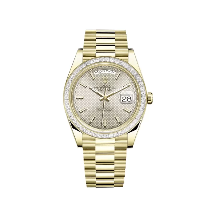 Rolex Day-Date 228398TBR Yellow Gold Diamond Bezel Silver Dial - Image 1