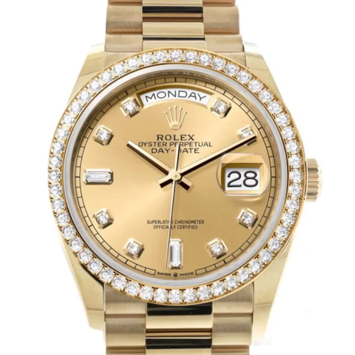 Rolex Day-Date 36 Champagne Diamond Dial Gold Diamond Bezel Watch 128348RBR-0008 - 图片 2