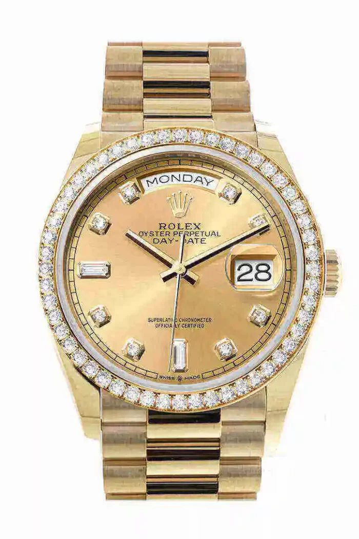 Rolex Day-Date 36 Champagne Diamond Dial Gold Diamond Bezel Watch 128348RBR-0008 - 图片 3