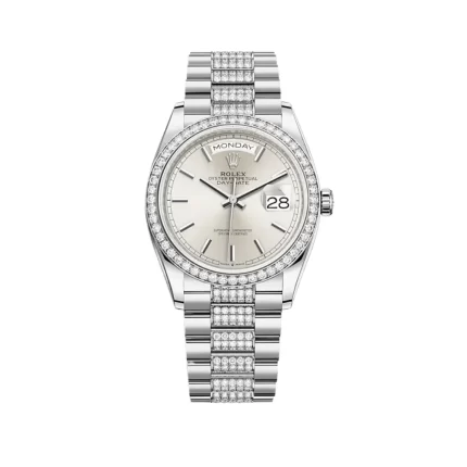 Rolex Day-Date 128349RBR White Gold Diamond Bezel Silver Dial