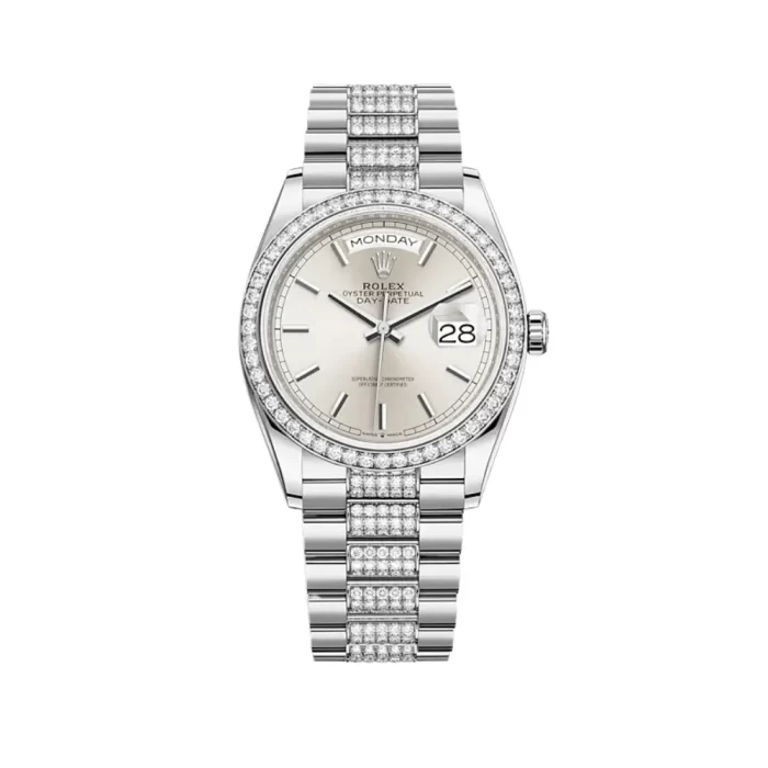 Rolex Day-Date 128349RBR White Gold Diamond Bezel Silver Dial - 图片 1