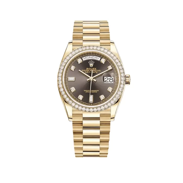 Rolex Day-Date 128348RBR Yellow Gold Diamond Bezel Grey Diamond Dial - 图片 2