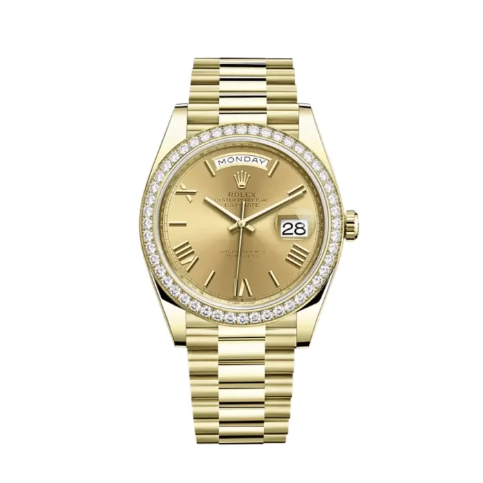 Rolex Day-Date 228348RBR Yellow Gold Diamond Bezel Champagne Roman Dial - 图片 1