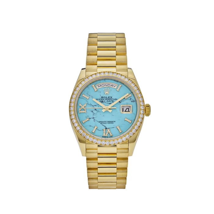 Rolex Day-Date 128348RBR Yellow Gold Diamond Bezel Turquoise Diamond Dial - 图片 1