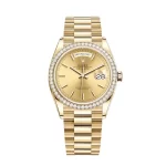 Rolex Day-Date 128348RBR-0026 Yellow Gold Diamond Bezel Champagne Dial