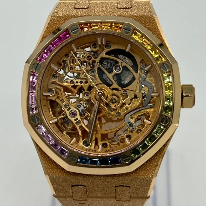 Audemars Piguet Royal Oak 15412OR.YG.1224OR.01-B Double Balance Wheel Baguette Gemstones Frosted Rose Gold Openworked Dial - 图片 6