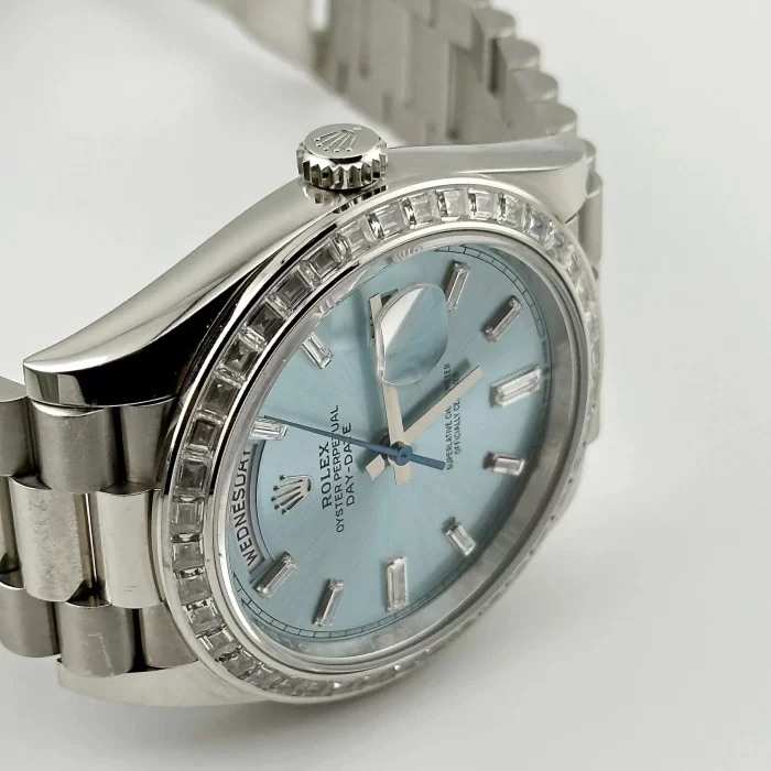 Rolex Day-Date 228396TBR Platinum Diamond Bezel Ice Blue Diamond Dial - Image 3