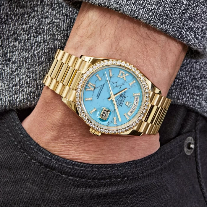 Rolex Day-Date 128348RBR Yellow Gold Diamond Bezel Turquoise Diamond Dial - 图片 2